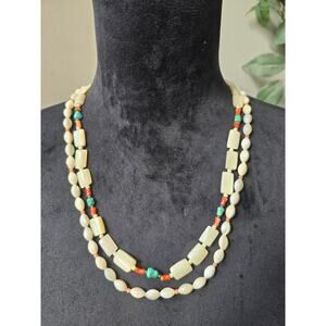 Women's Cream Beaded Double Strand Necklace With Turquoise Coral Twist Lock